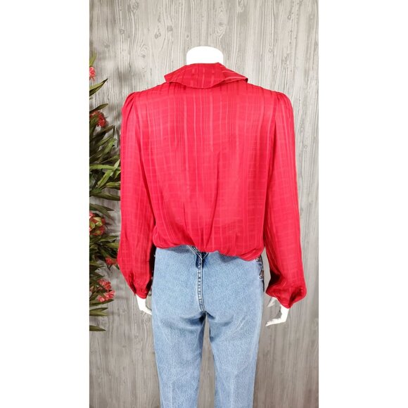 Vintage Red Blouse Button Down Ruffle Collar Holiday Photos Polyester Semi-Sheer - Picture 4 of 6